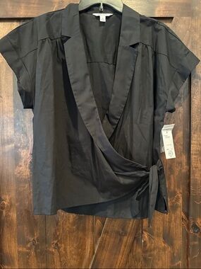 NineWest Black Short-Sleeve Wrap Blouse with Side Tie